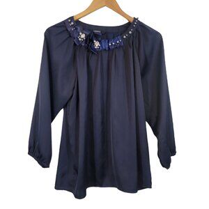 CHADWICKS Top Embellished Blouse‎ Dressy Navy Blue Sz Medium Womens Top